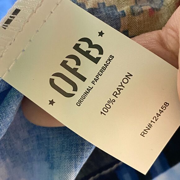 OPB Original Paperbacks Shirt Mens L Blue Button Up Geometric Rayon - Picture 6 of 7
